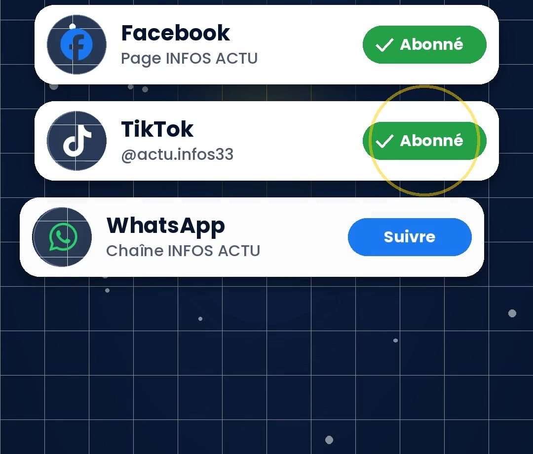 Écran « Comment nous suivre ? » d'INFOS ACTU : Facebook, TikTok, WhatsApp, YouTube et actu-infos.fr